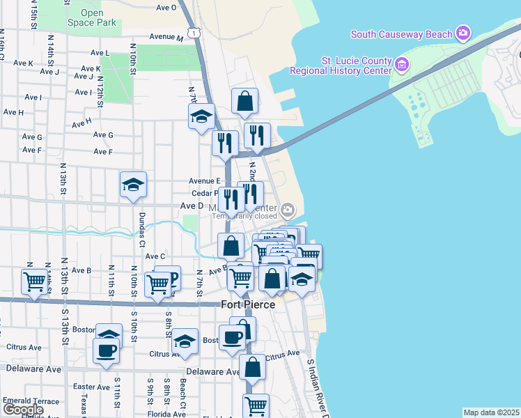 map of restaurants, bars, coffee shops, grocery stores, and more near 120 A E Backus Avenue in Fort Pierce