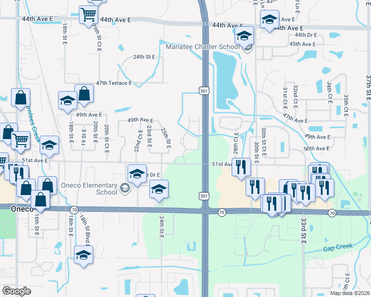 map of restaurants, bars, coffee shops, grocery stores, and more near 26TH 49th Avenue East in Bradenton