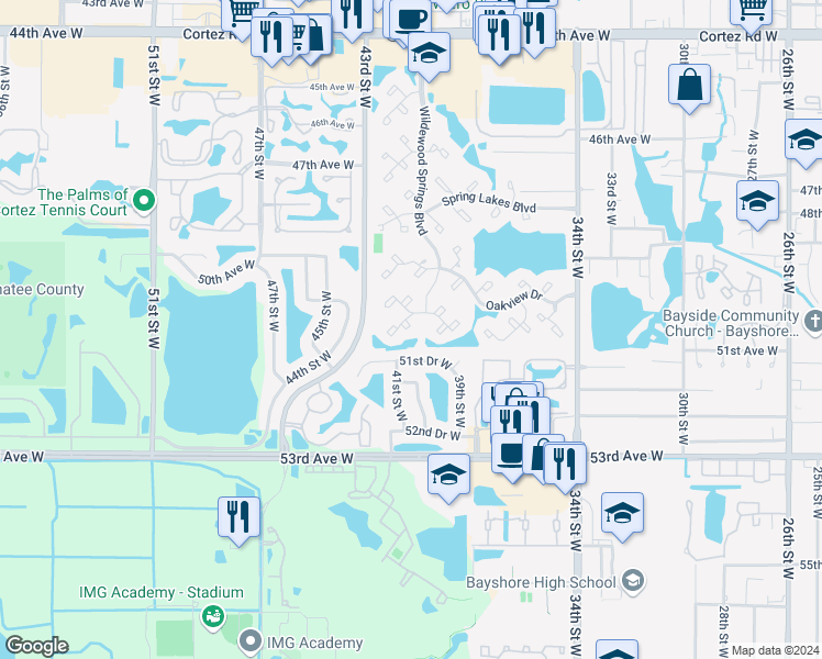 map of restaurants, bars, coffee shops, grocery stores, and more near 4001 51st Drive West in Bradenton
