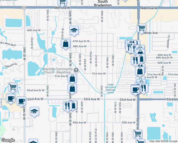 map of restaurants, bars, coffee shops, grocery stores, and more near 2202 51st Avenue West in Bradenton