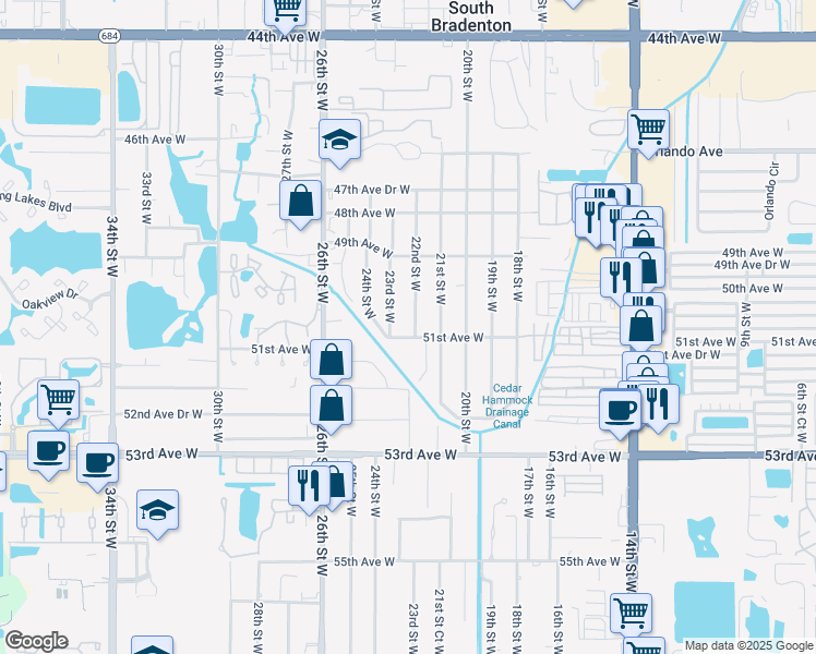 map of restaurants, bars, coffee shops, grocery stores, and more near 5014 22nd Street West in Bradenton