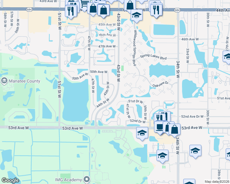 map of restaurants, bars, coffee shops, grocery stores, and more near 5035 44th Street West in Bradenton