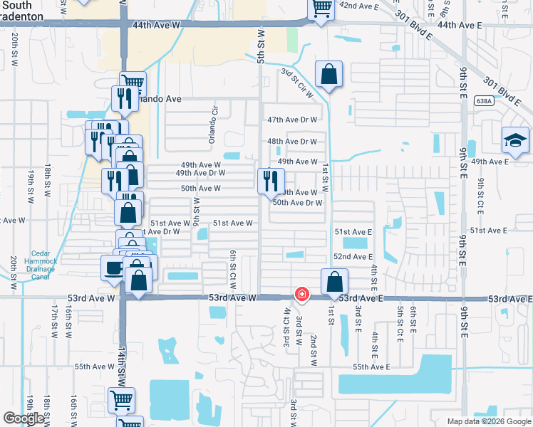 map of restaurants, bars, coffee shops, grocery stores, and more near 5031 4th Street West in Bradenton