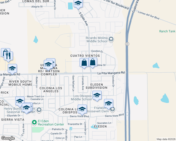 map of restaurants, bars, coffee shops, grocery stores, and more near 4435 Corrada Avenue in Laredo