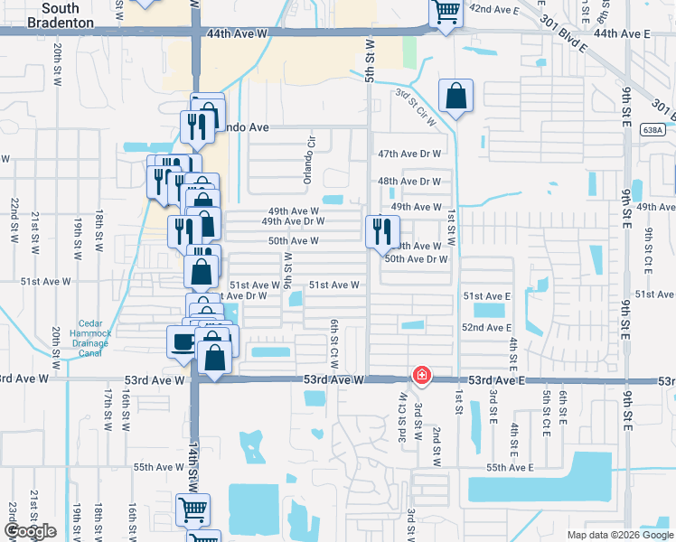 map of restaurants, bars, coffee shops, grocery stores, and more near 616 50th Avenue Drive West in Bradenton