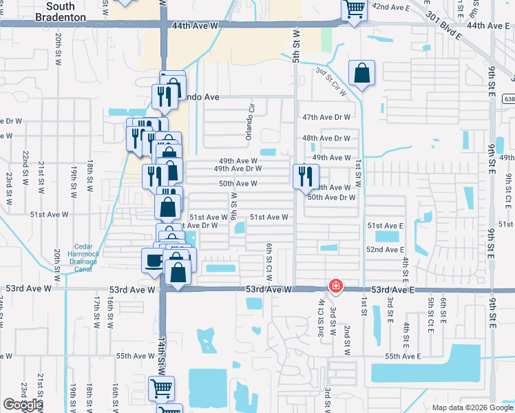 map of restaurants, bars, coffee shops, grocery stores, and more near 616 50th Avenue Drive West in Bradenton