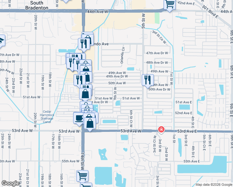 map of restaurants, bars, coffee shops, grocery stores, and more near 810 50th Avenue Drive West in Bradenton