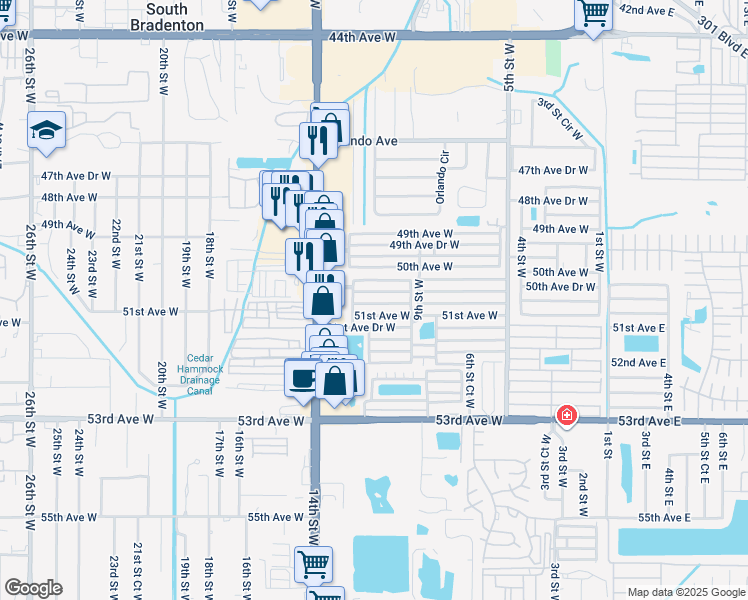 map of restaurants, bars, coffee shops, grocery stores, and more near 1110 50th Avenue Drive West in Bradenton