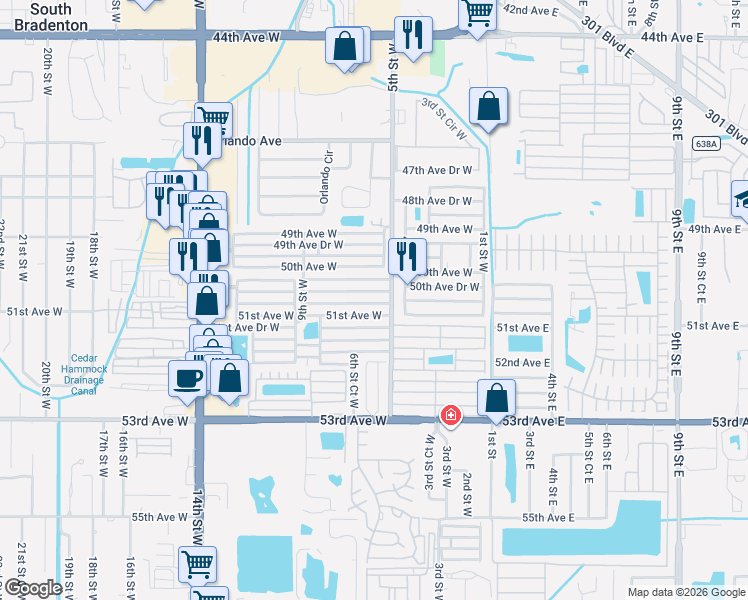 map of restaurants, bars, coffee shops, grocery stores, and more near 508 50th Avenue Drive West in Bradenton
