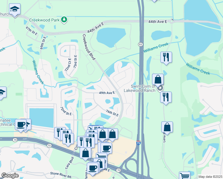 map of restaurants, bars, coffee shops, grocery stores, and more near 4839 77th Street East in Bradenton