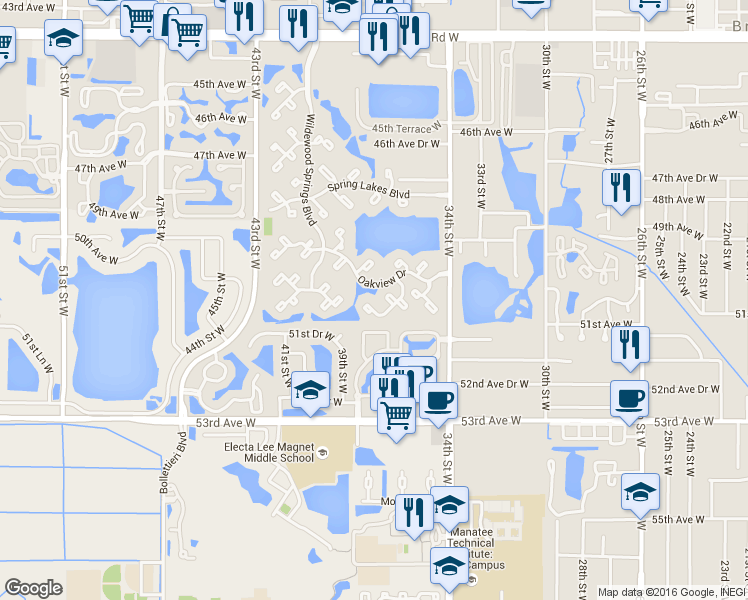 map of restaurants, bars, coffee shops, grocery stores, and more near 139 Pineneedle Drive in Bradenton