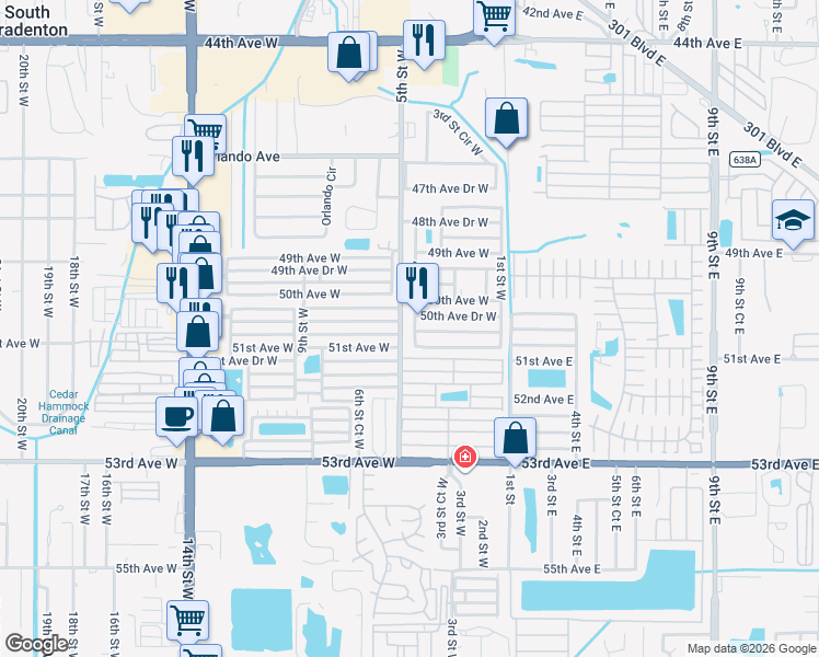 map of restaurants, bars, coffee shops, grocery stores, and more near 508 50th Avenue Drive West in Bradenton