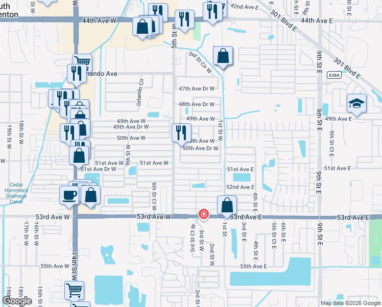 map of restaurants, bars, coffee shops, grocery stores, and more near 403 50th Avenue Drive West in Bradenton