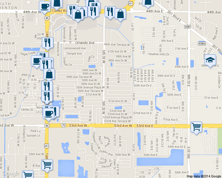 map of restaurants, bars, coffee shops, grocery stores, and more near 403 50th Avenue Drive West in Bradenton
