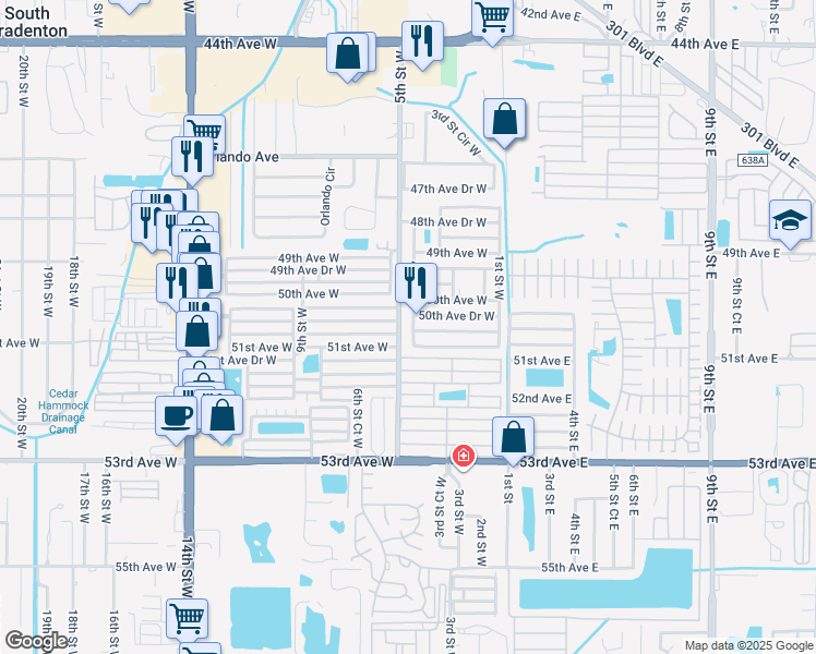 map of restaurants, bars, coffee shops, grocery stores, and more near 508 50th Avenue Drive West in Bradenton