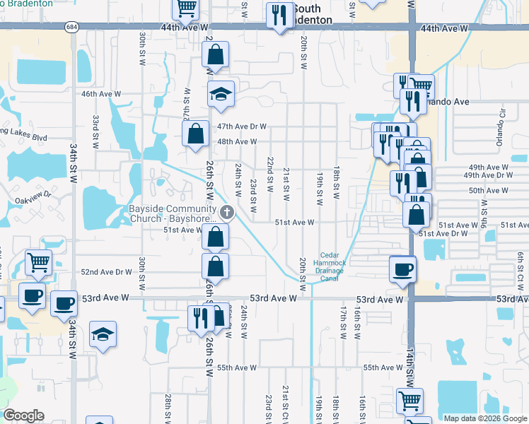 map of restaurants, bars, coffee shops, grocery stores, and more near 5008b 22nd Street West in Bradenton