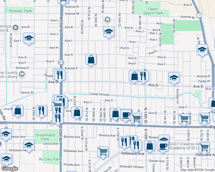 map of restaurants, bars, coffee shops, grocery stores, and more near 1804 Avenue D in Fort Pierce