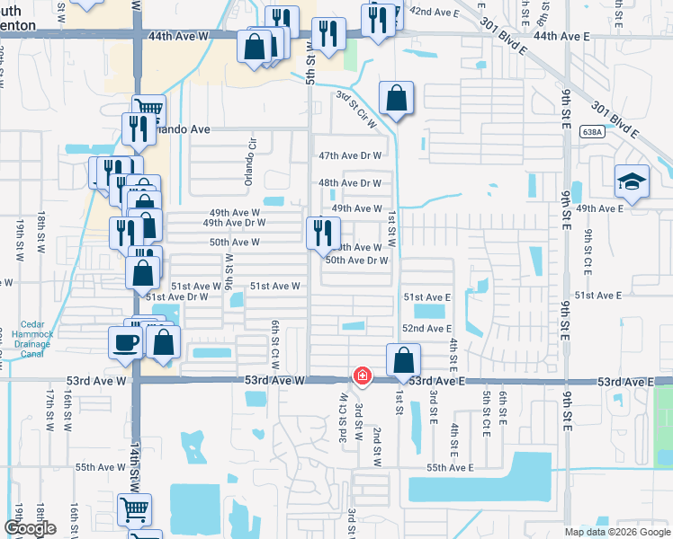 map of restaurants, bars, coffee shops, grocery stores, and more near 403 50th Avenue Drive West in Bradenton