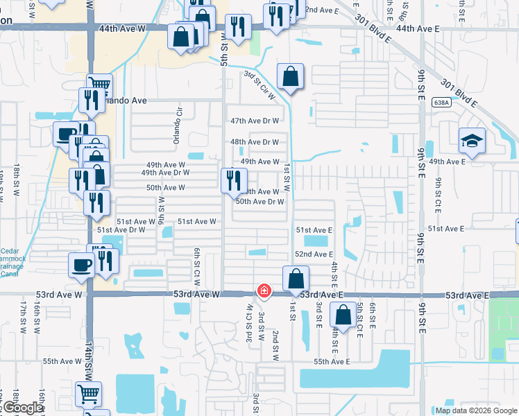 map of restaurants, bars, coffee shops, grocery stores, and more near 207 50th Avenue Drive West in Bradenton