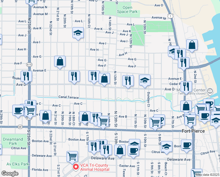 map of restaurants, bars, coffee shops, grocery stores, and more near 1319 Avenue D in Fort Pierce