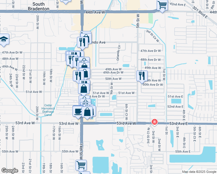 map of restaurants, bars, coffee shops, grocery stores, and more near 918 50th Avenue Drive West in Bradenton