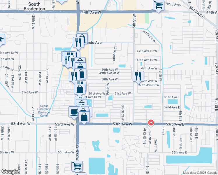 map of restaurants, bars, coffee shops, grocery stores, and more near 810 50th Avenue Drive West in Bradenton