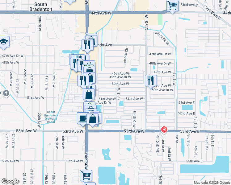 map of restaurants, bars, coffee shops, grocery stores, and more near 918 50th Avenue Drive West in Bradenton