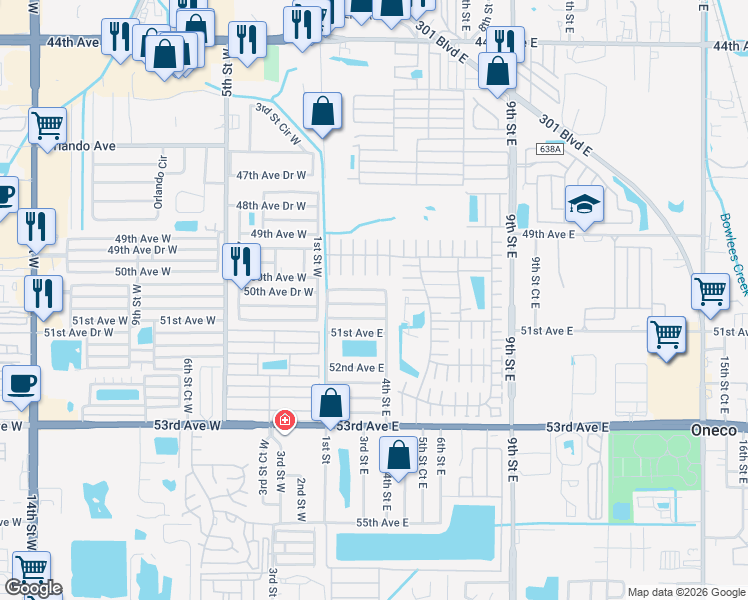 map of restaurants, bars, coffee shops, grocery stores, and more near 205 50th Avenue Drive West in Bradenton