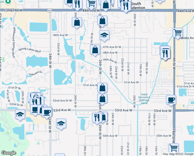map of restaurants, bars, coffee shops, grocery stores, and more near 5000 Live Oak Circle in Bradenton