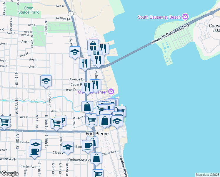 map of restaurants, bars, coffee shops, grocery stores, and more near 500 North Indian River Drive in Fort Pierce