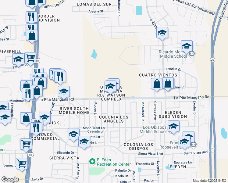 map of restaurants, bars, coffee shops, grocery stores, and more near 2710 La Pita Mangana Road in Laredo