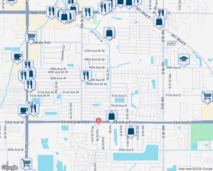 map of restaurants, bars, coffee shops, grocery stores, and more near 101 50th Avenue Drive East in Bradenton