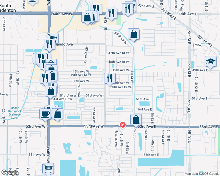 map of restaurants, bars, coffee shops, grocery stores, and more near 403 50th Avenue Drive West in Bradenton