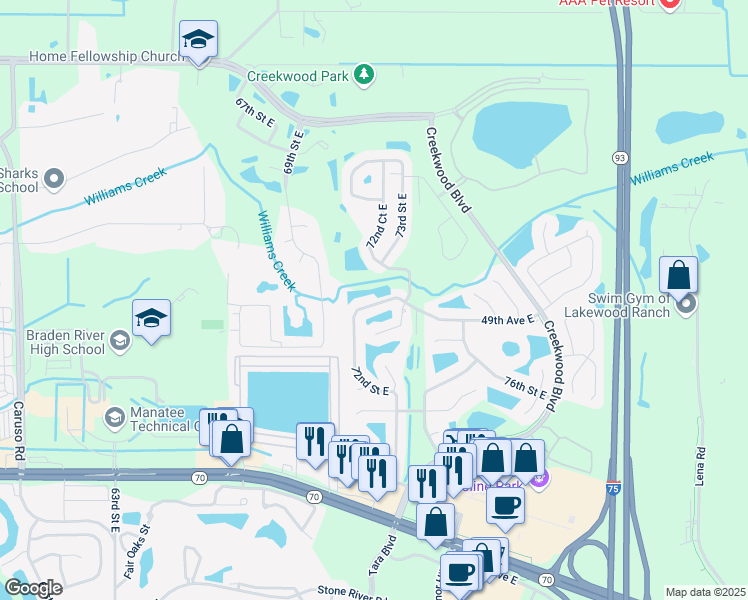 map of restaurants, bars, coffee shops, grocery stores, and more near 7217 49th Avenue East in Bradenton