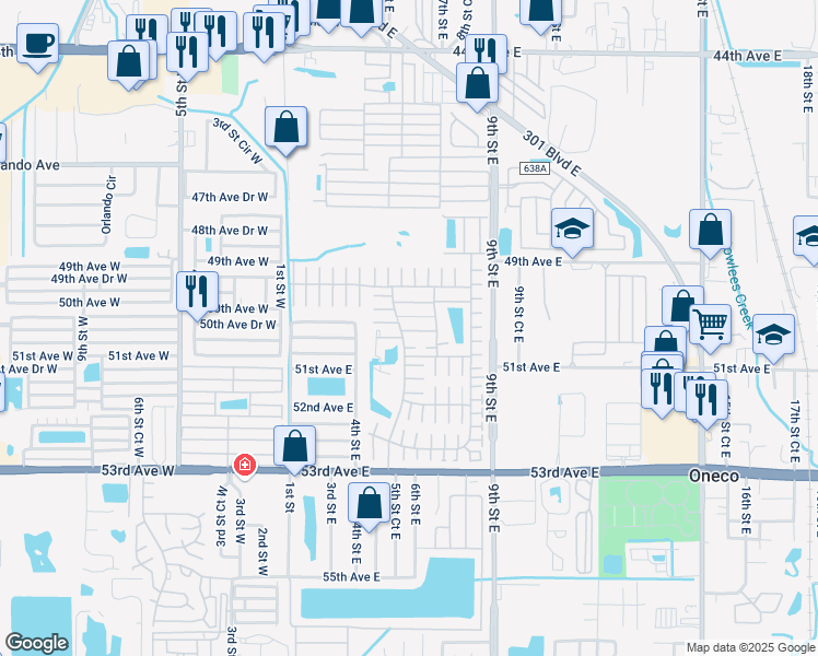 map of restaurants, bars, coffee shops, grocery stores, and more near 501 49th B Avenue Drive in Bradenton