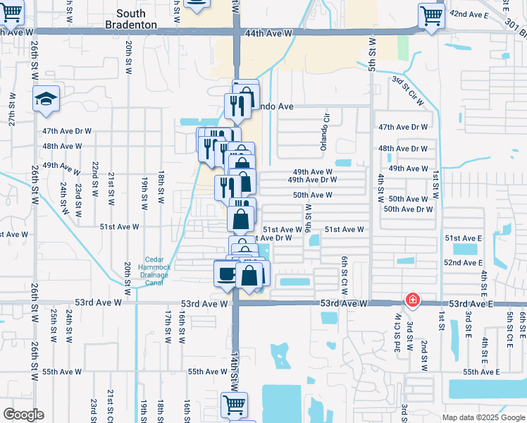 map of restaurants, bars, coffee shops, grocery stores, and more near 1110 50th Avenue Drive West in Bradenton