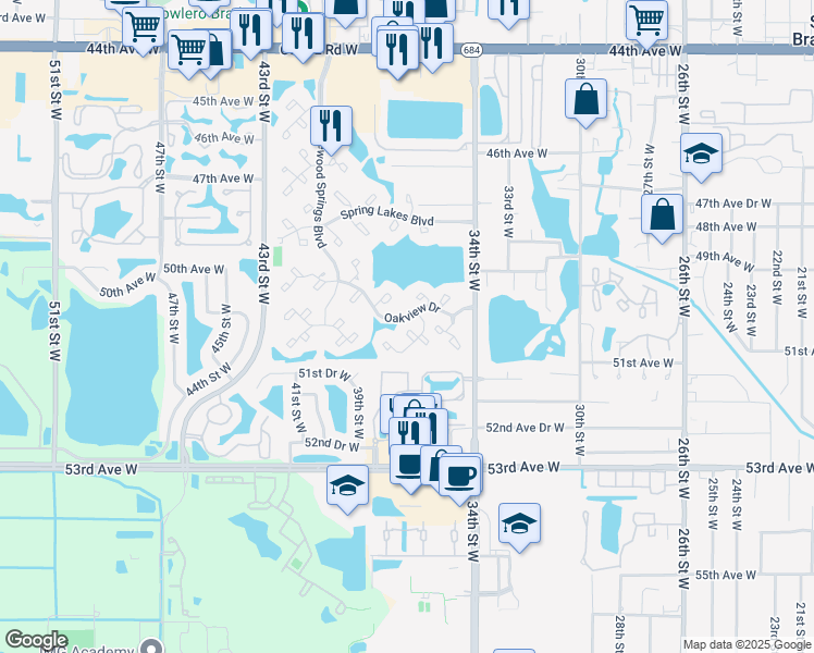 map of restaurants, bars, coffee shops, grocery stores, and more near 139 Pineneedle Drive in Bradenton