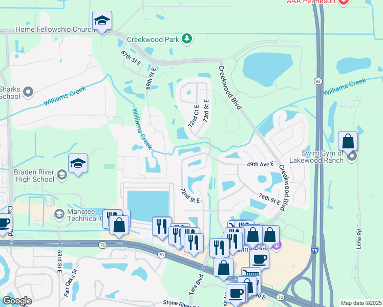 map of restaurants, bars, coffee shops, grocery stores, and more near 7217 49th Avenue East in Bradenton