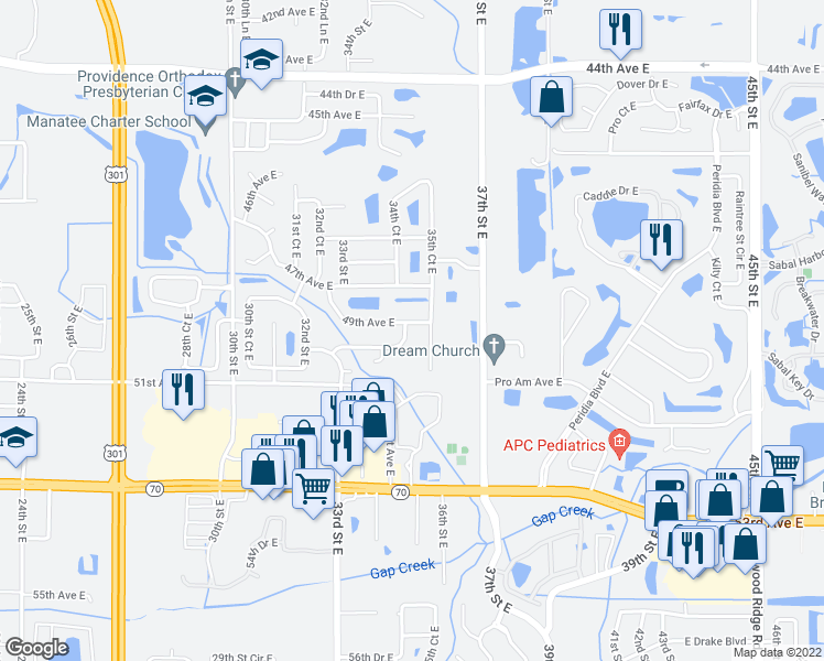 map of restaurants, bars, coffee shops, grocery stores, and more near 3502 49th Avenue East in Bradenton