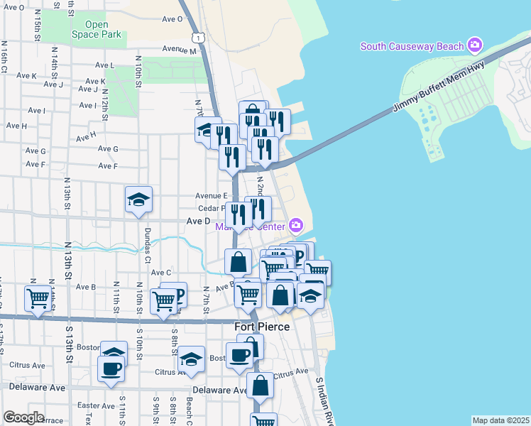map of restaurants, bars, coffee shops, grocery stores, and more near 511 North Indian River Drive in Fort Pierce