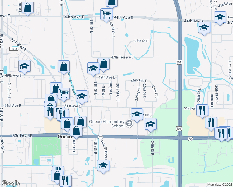 map of restaurants, bars, coffee shops, grocery stores, and more near 2022 50th Avenue East in Bradenton