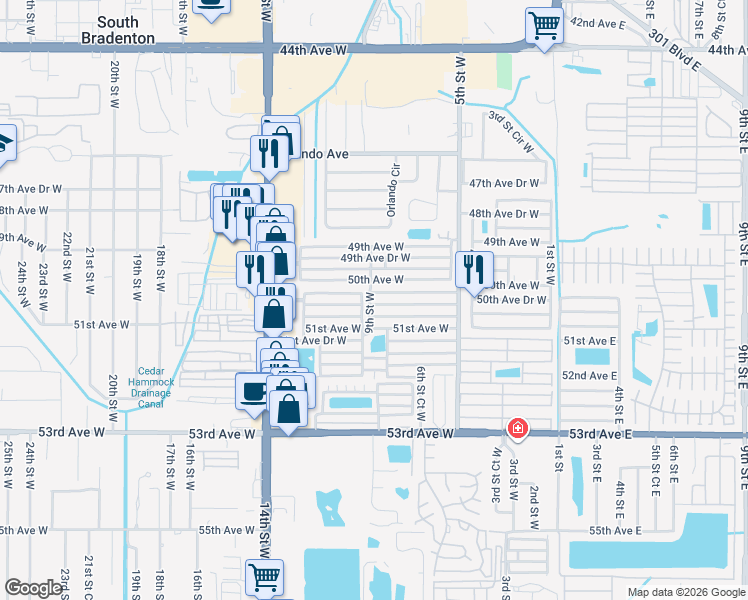 map of restaurants, bars, coffee shops, grocery stores, and more near 810 50th Avenue Drive West in Bradenton