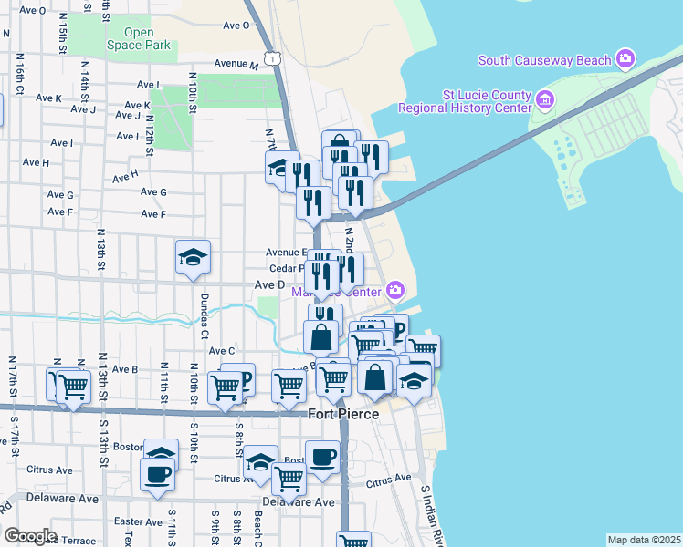 map of restaurants, bars, coffee shops, grocery stores, and more near 511 North 2nd Street in Fort Pierce