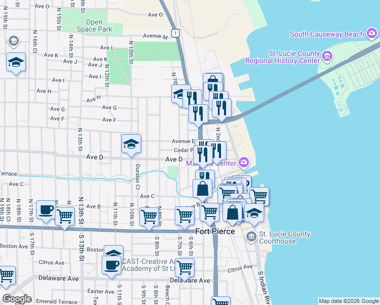 map of restaurants, bars, coffee shops, grocery stores, and more near 517 Cedar Place in Fort Pierce