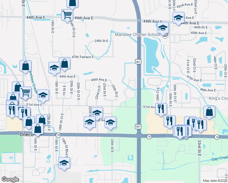 map of restaurants, bars, coffee shops, grocery stores, and more near 4920 25th Street East in Bradenton