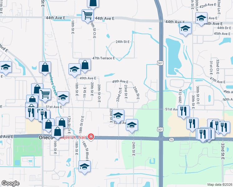 map of restaurants, bars, coffee shops, grocery stores, and more near 5006 22nd Court East in Bradenton