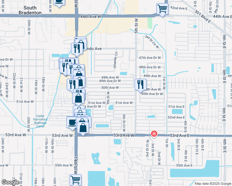 map of restaurants, bars, coffee shops, grocery stores, and more near 810 50th Avenue Drive West in Bradenton