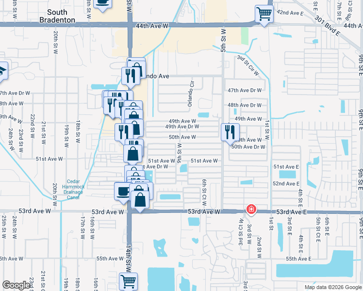map of restaurants, bars, coffee shops, grocery stores, and more near 810 50th Avenue Drive West in Bradenton