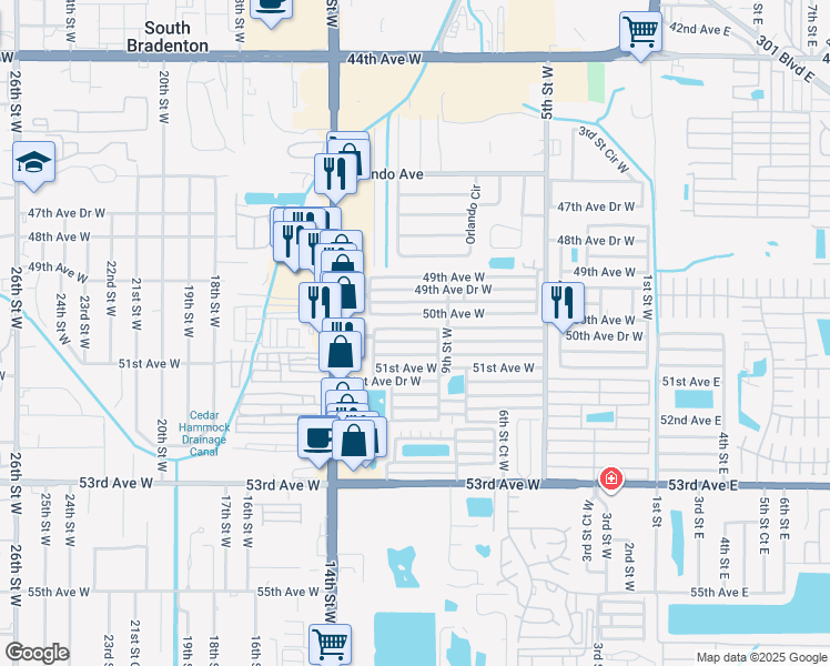 map of restaurants, bars, coffee shops, grocery stores, and more near 918 50th Avenue Drive West in Bradenton