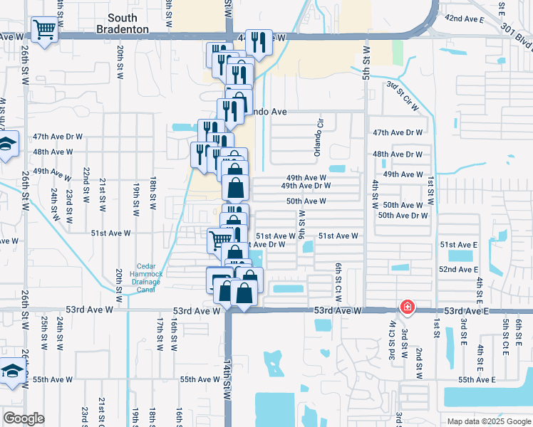 map of restaurants, bars, coffee shops, grocery stores, and more near 1110 50th Avenue Drive West in Bradenton